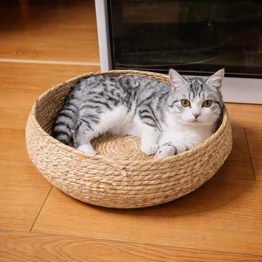 Cat lying in an all-natural straw woven pet bed