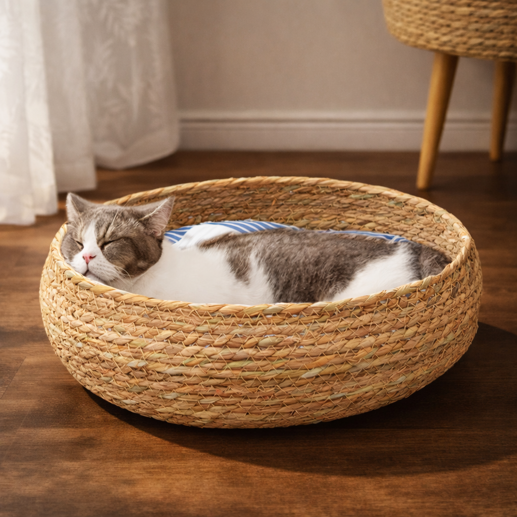 Cat lying in a woven pet bed